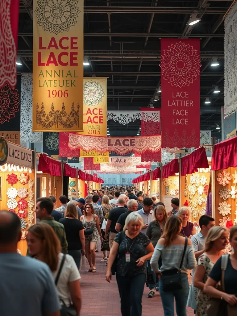 A vibrant image of the annual lace festival, featuring colorful displays of lace art and enthusiastic attendees.