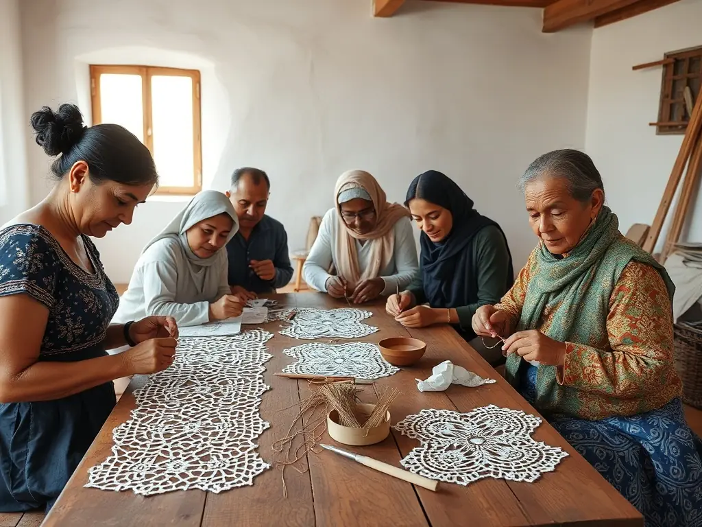 A vibrant image depicting participants engaged in a lace-making workshop, showcasing the intricate techniques and collaborative spirit of the event.