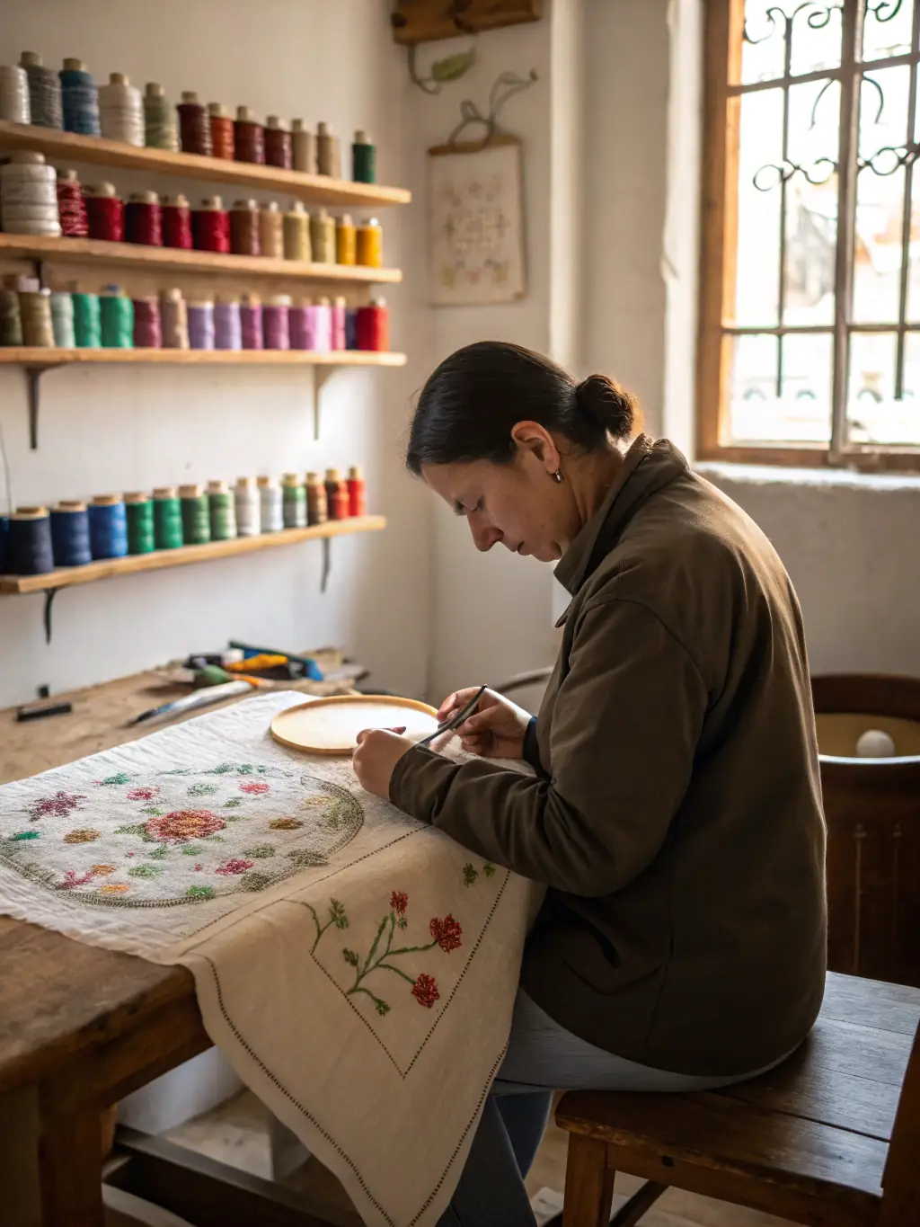 A dynamic shot of a lace-making demonstration at the Festival International de la Dentelle, with an expert artisan explaining the process to an attentive audience.