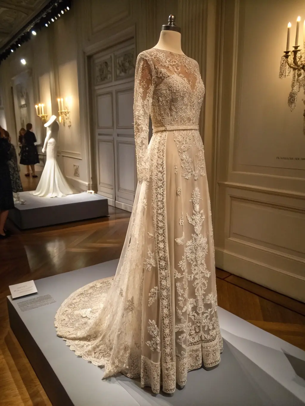 A photograph of a beautifully displayed collection of antique and contemporary lace pieces at an exhibition organized by the Festival International de la Dentelle.
