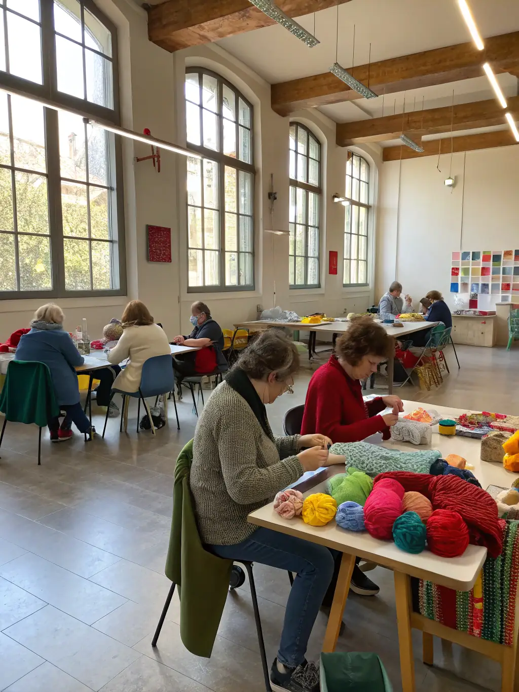 A photograph of participants engaged in a lace-making workshop, showcasing intricate designs and focused craftsmanship.