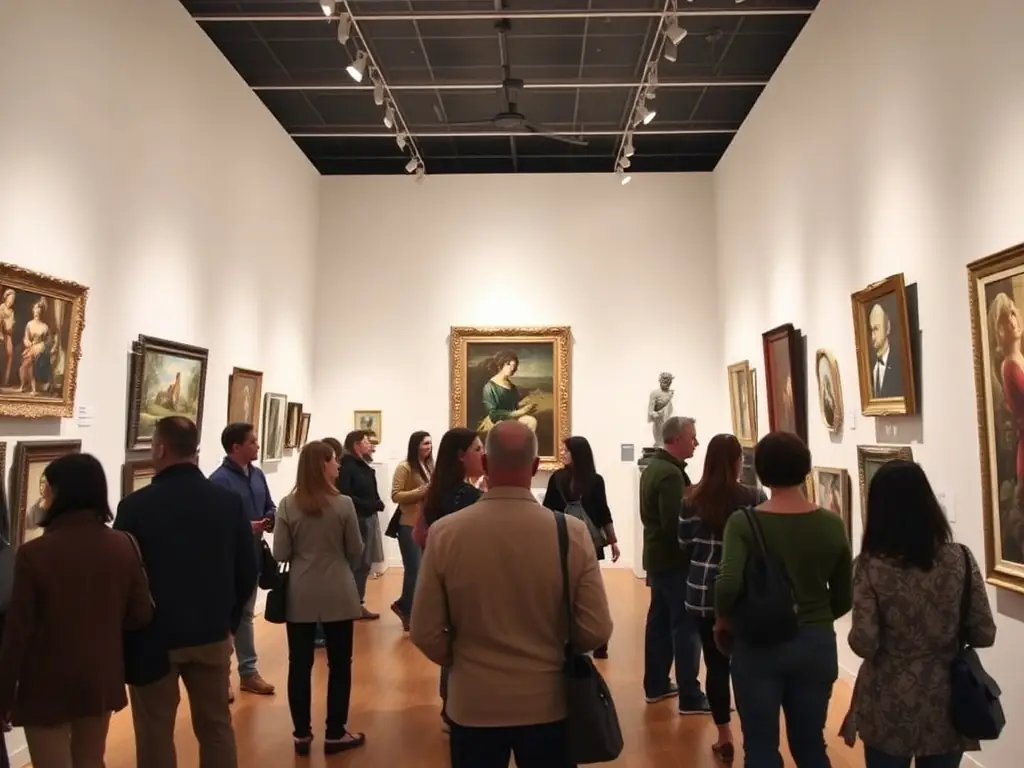 A photograph capturing the opening night of a lace exhibition, featuring intricate lace artworks displayed on pedestals and walls. Attendees are seen admiring the pieces, with the artist present to discuss their work.
