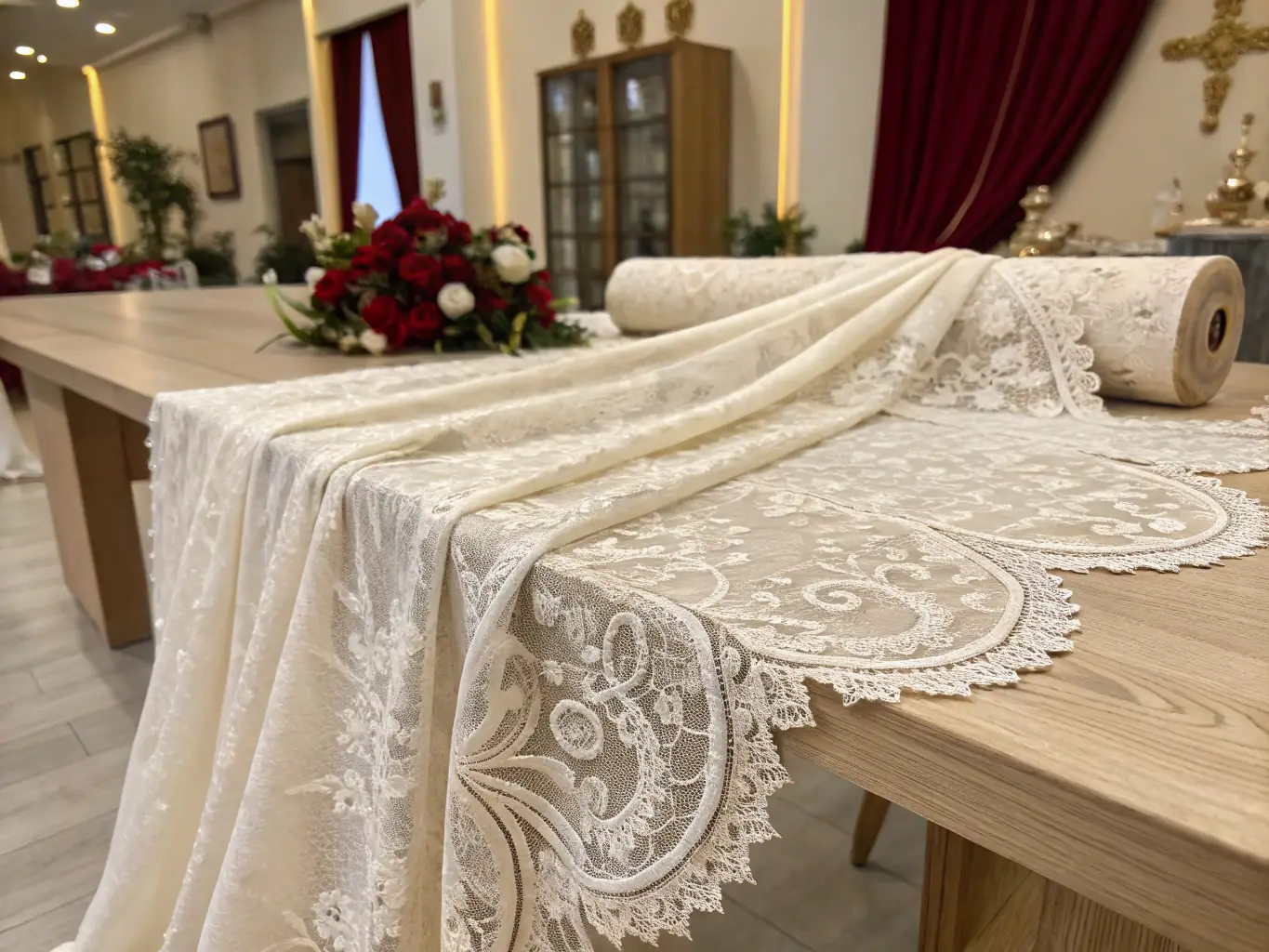 A photograph capturing the beauty and artistry of a lace exhibition, featuring delicate and intricate lace creations from around the world.