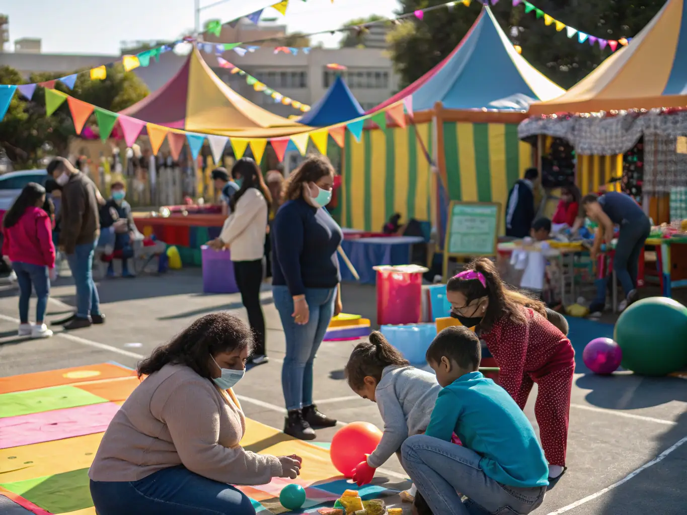 A lively image of a community event celebrating lace-making, with people of all ages participating in various activities and demonstrations.