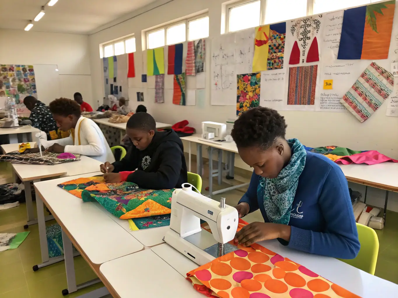 A photograph depicting participants engaged in a lace-making workshop, showcasing various tools and techniques under the guidance of an instructor. The setting is a well-lit studio with examples of finished lace projects displayed in the background.