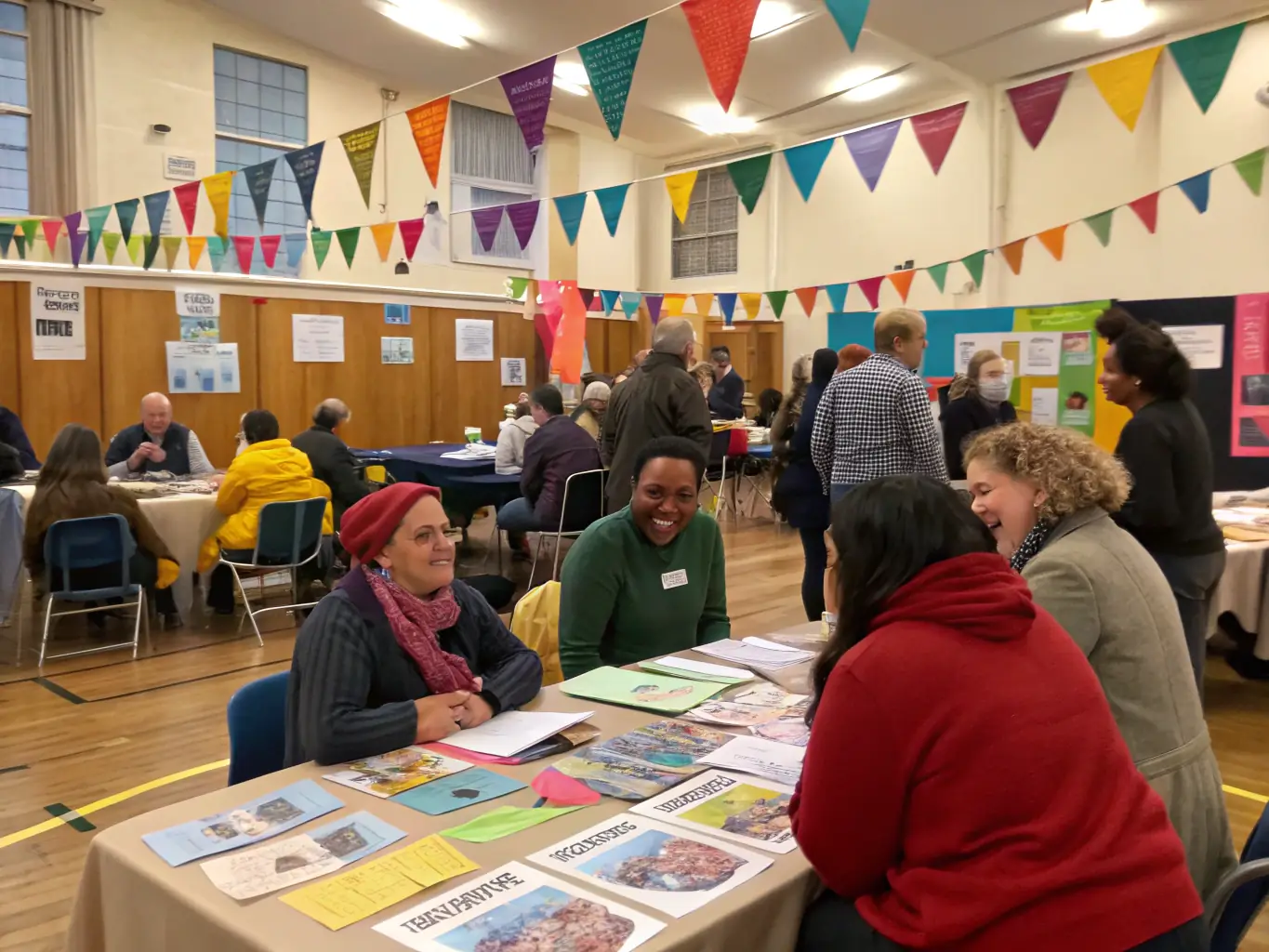 A photograph of a community event focused on lace-making, showing people of all ages participating in a collaborative art project. The atmosphere is lively and inclusive, with smiles and laughter evident.